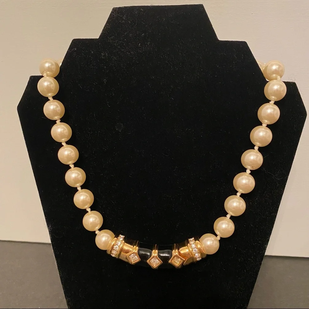 SWAROVSKI NECKLACE CHOKER PEARLS GOLD BLACK ENAMEL CRYSTALS 17” STATEMENT